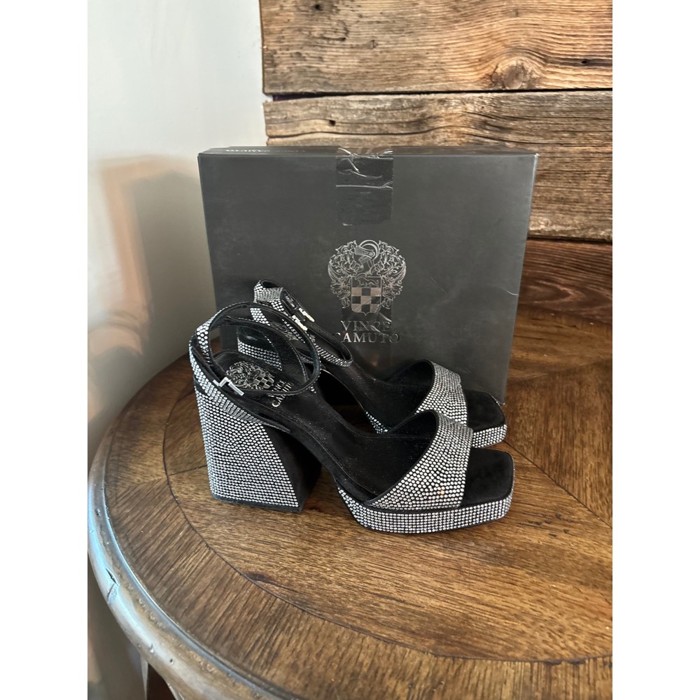 Vince Camuto Pilannaa Black Rhinestone Platform Block‎ Heel Sandals PILANNAA 9M